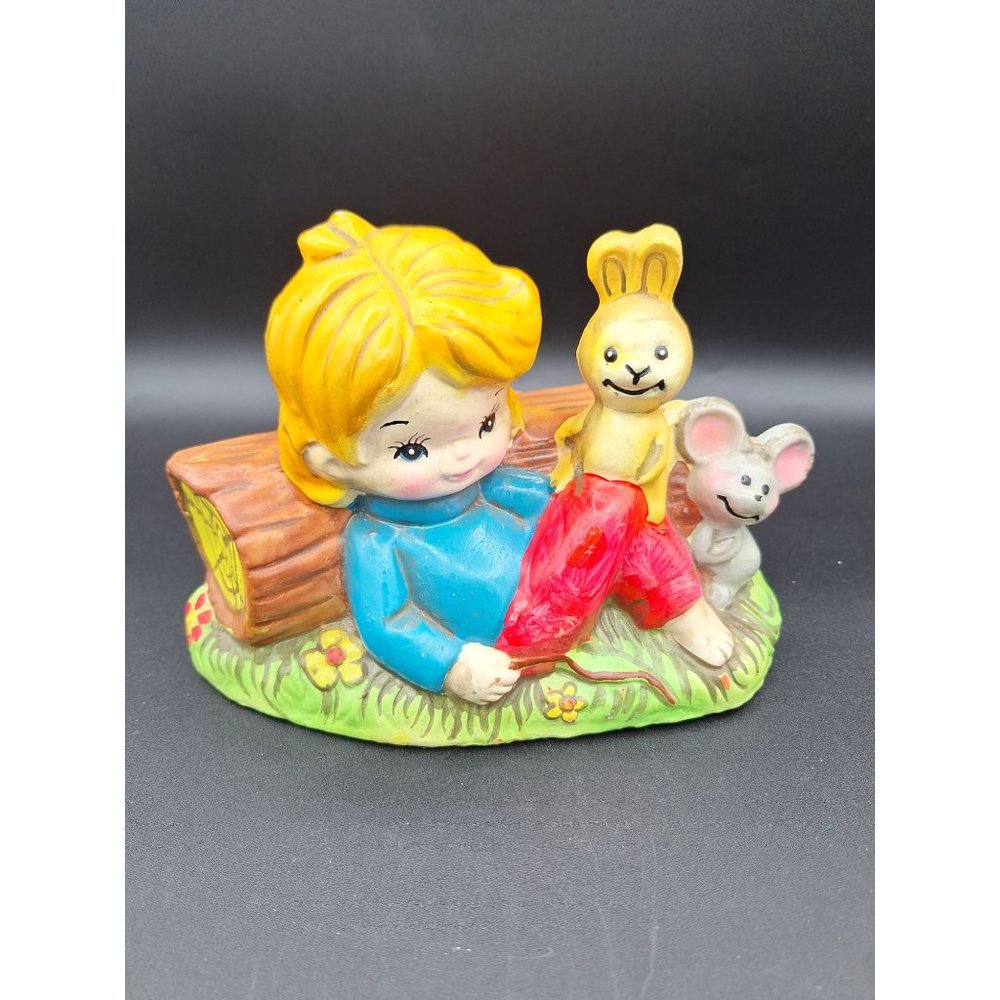 Rare Vintage Chalkware Berries Bank 1978 Child Rabbit and Mice Against Log